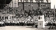 Fr. Henry McGuire preaching at a rally of the Holy Name Society at the baseball park of St. Peter's parish. Saint John, NB, 1926.